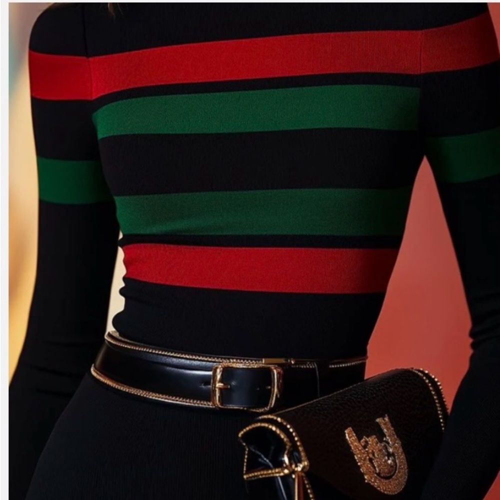 #184 STYLEWE Black Turtleneck with Red and Green Stripes. Like New. - Picture 2 of 9